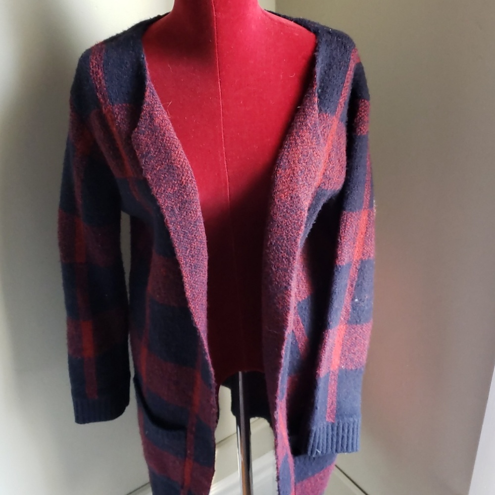 Red and Navy Plaid Sweater Cardigan